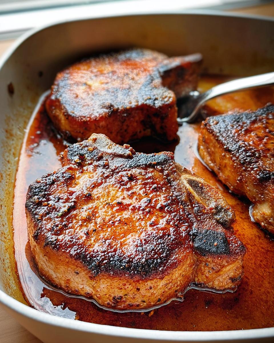 Three juicy, pan-seared restaurant-style pork chops in a rich sauce, ready to be served.