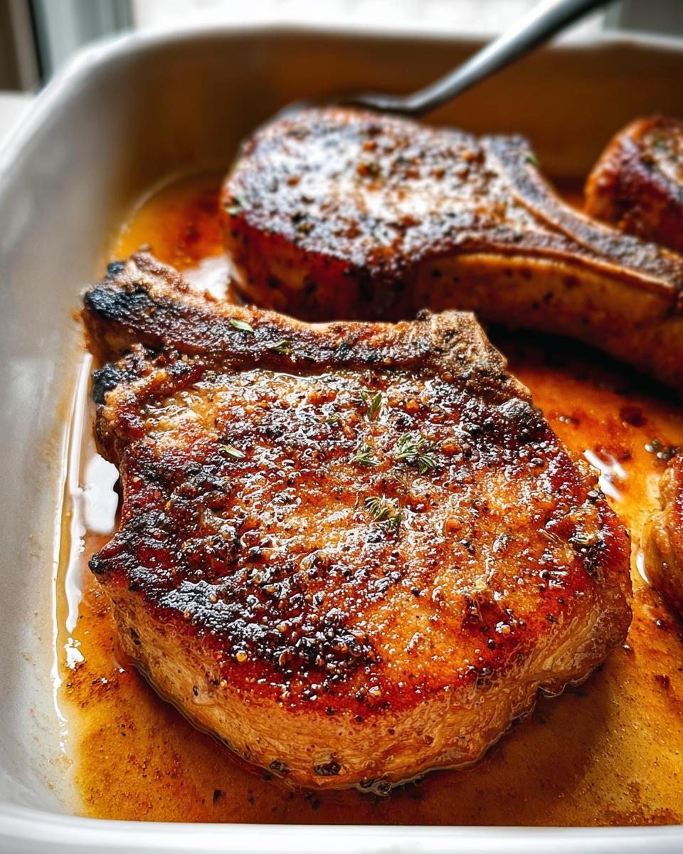 Close-up of juicy, pan-seared restaurant-style pork chops in a white dish, seasoned with herbs.