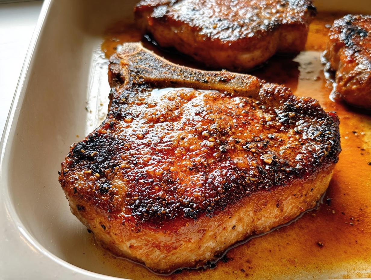 Close-up of perfectly seared restaurant-style pork chops in a baking dish, ready to be served.