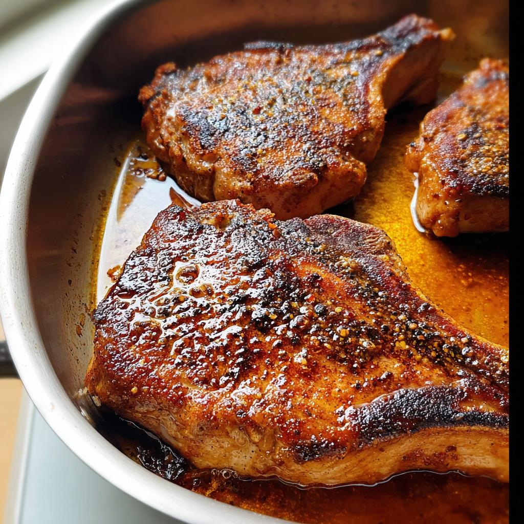 Three juicy, seared pork chops in a pan, seasoned and glistening with their own juices. Restaurant-Style Pork Chops Recipe.