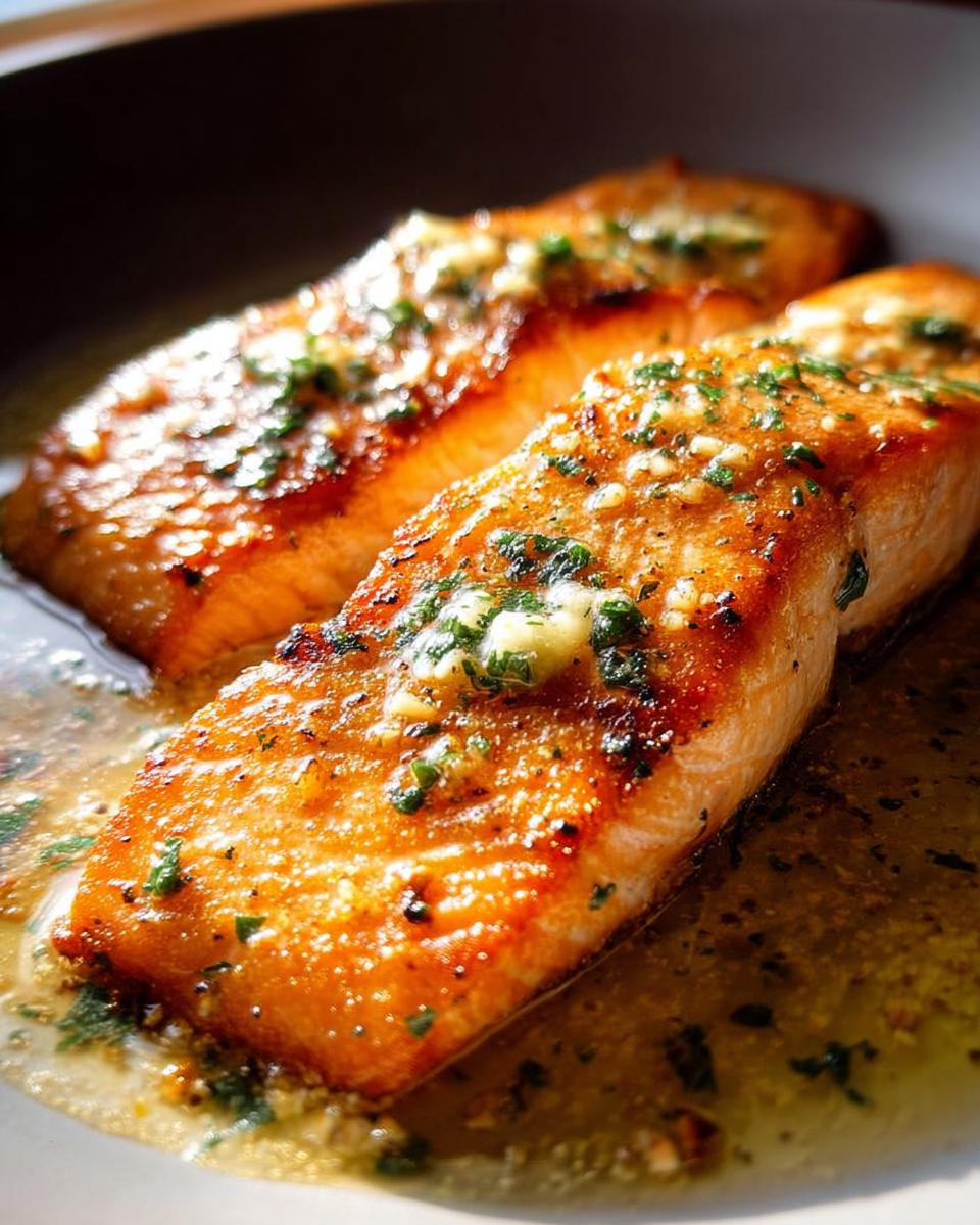 Close-up of perfectly cooked salmon fillets in a rich garlic butter sauce, a key element in restaurant-style salmon recipes at home.