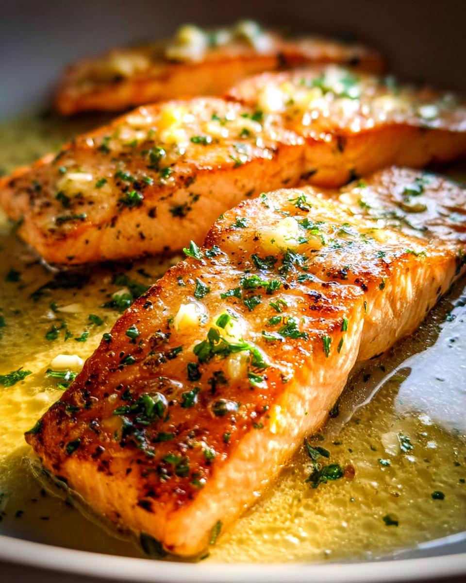 Close-up of pan-seared salmon fillets in a garlic butter sauce, a restaurant-style salmon recipe.