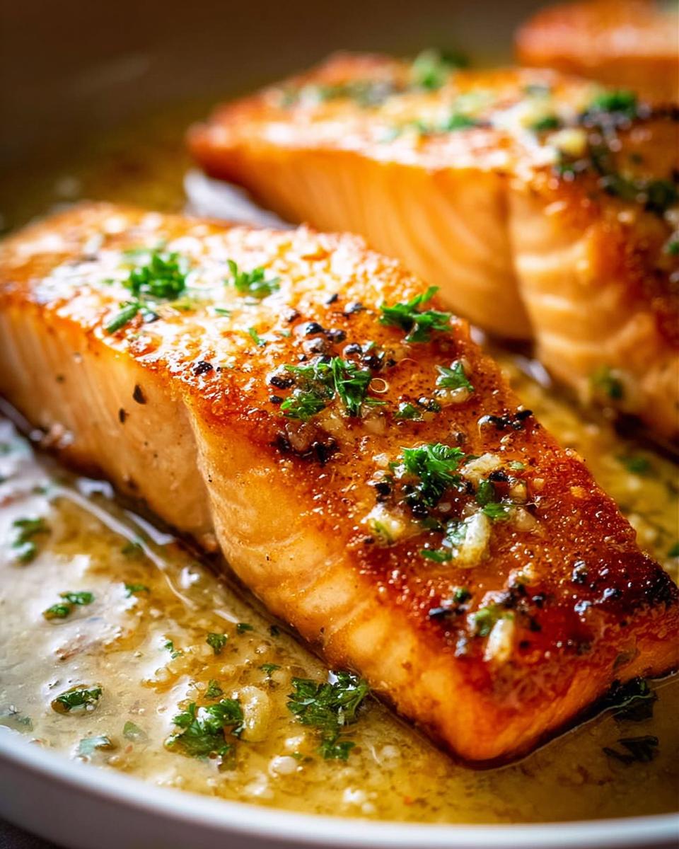 Close-up of perfectly cooked salmon fillets with a golden-brown crust, drizzled in garlic butter sauce and garnished with fresh parsley, a restaurant-style salmon recipe at home.