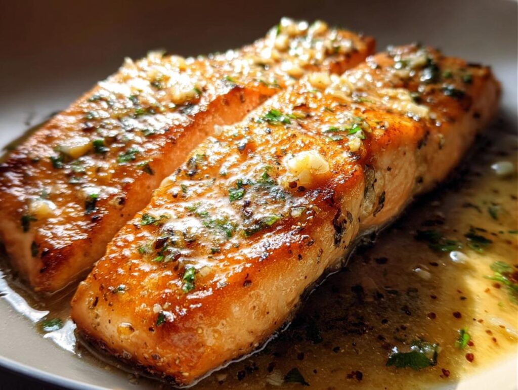 Two perfectly cooked salmon fillets coated in a glistening garlic herb butter sauce, a key part of Restaurant-Style Salmon Recipes at Home.