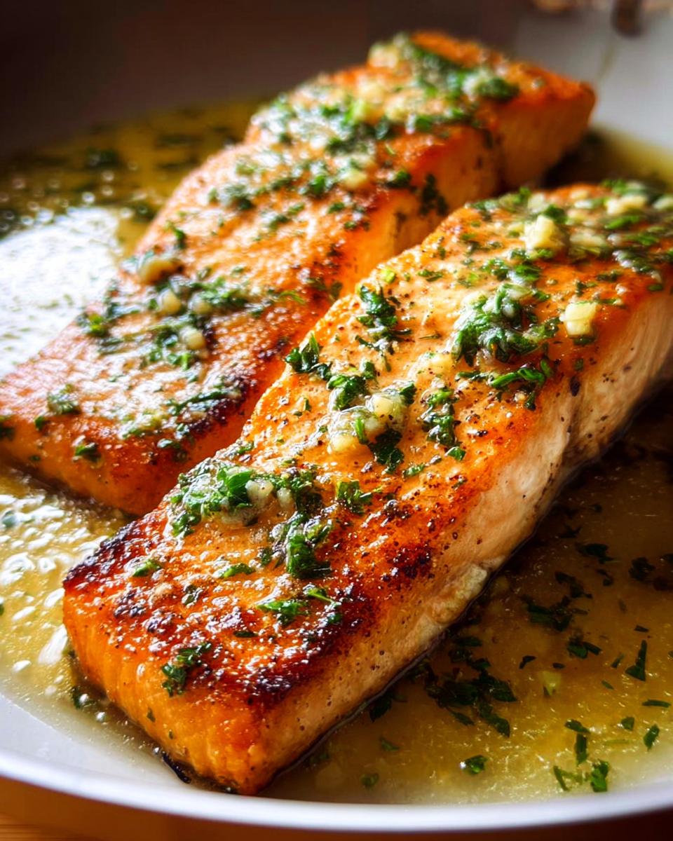 Two perfectly cooked salmon fillets with a golden-brown sear, topped with garlic and herbs, served in a buttery sauce.