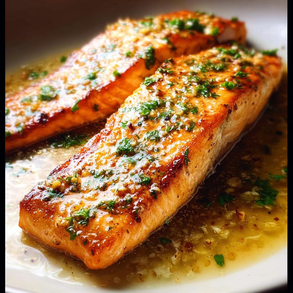 Two perfectly cooked salmon fillets with a glistening garlic-herb sauce, a delicious restaurant-style salmon recipe at home.