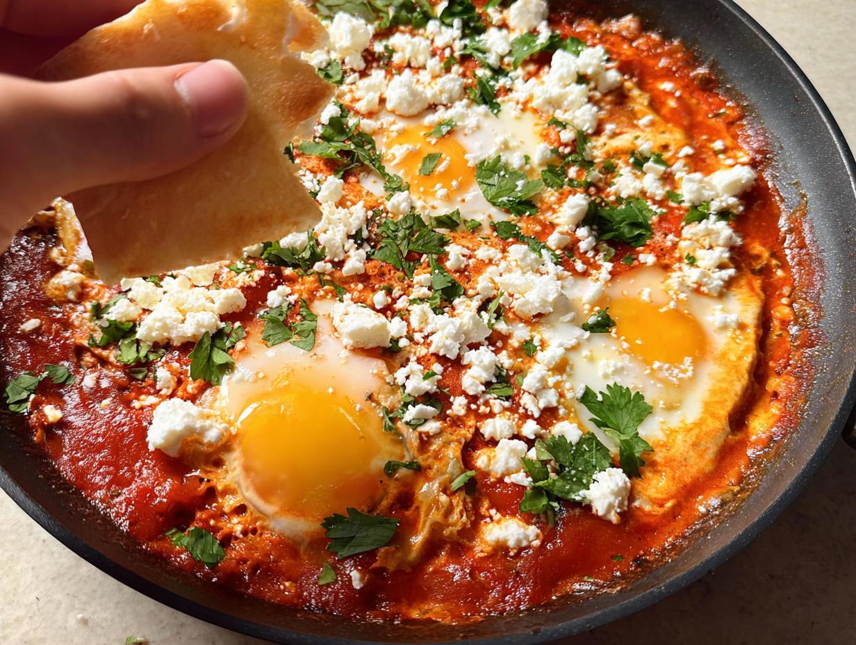 A hand dips pita bread into a pan of restaurant-style shakshuka with eggs, feta cheese, and parsley.