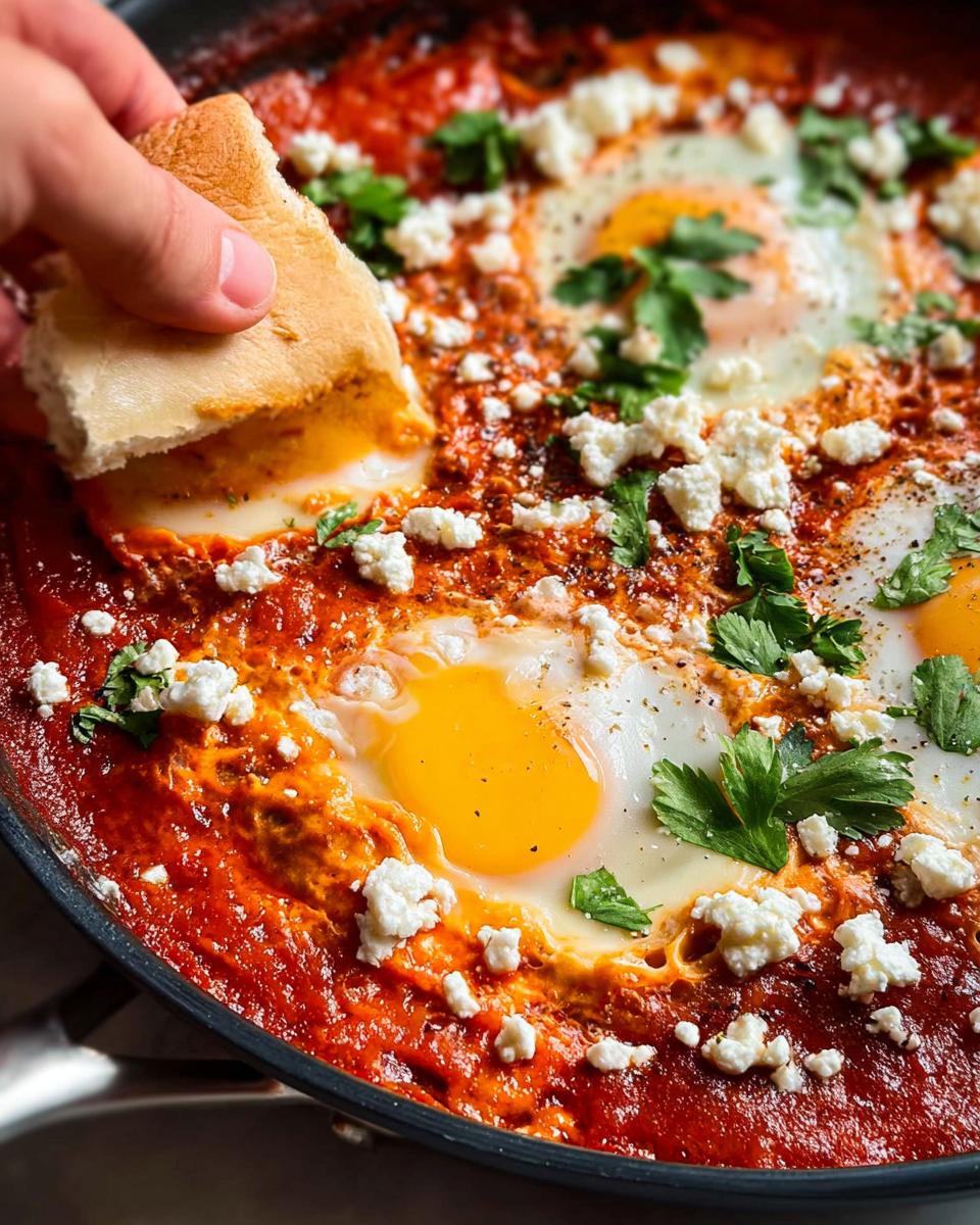 A hand dips bread into a pan of restaurant-style shakshuka eggs, topped with feta and parsley.