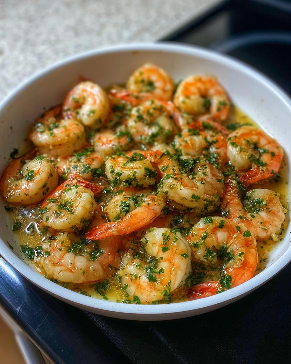 A close-up of a white bowl filled with succulent shrimp cooked in garlic butter sauce, garnished with fresh parsley. This is a restaurant-style shrimp recipe.