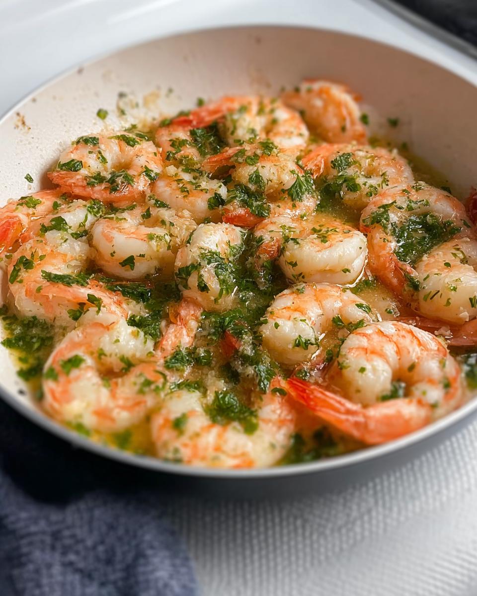 Close-up of succulent shrimp cooked in garlic butter sauce, a key element in restaurant-style shrimp recipes at home.