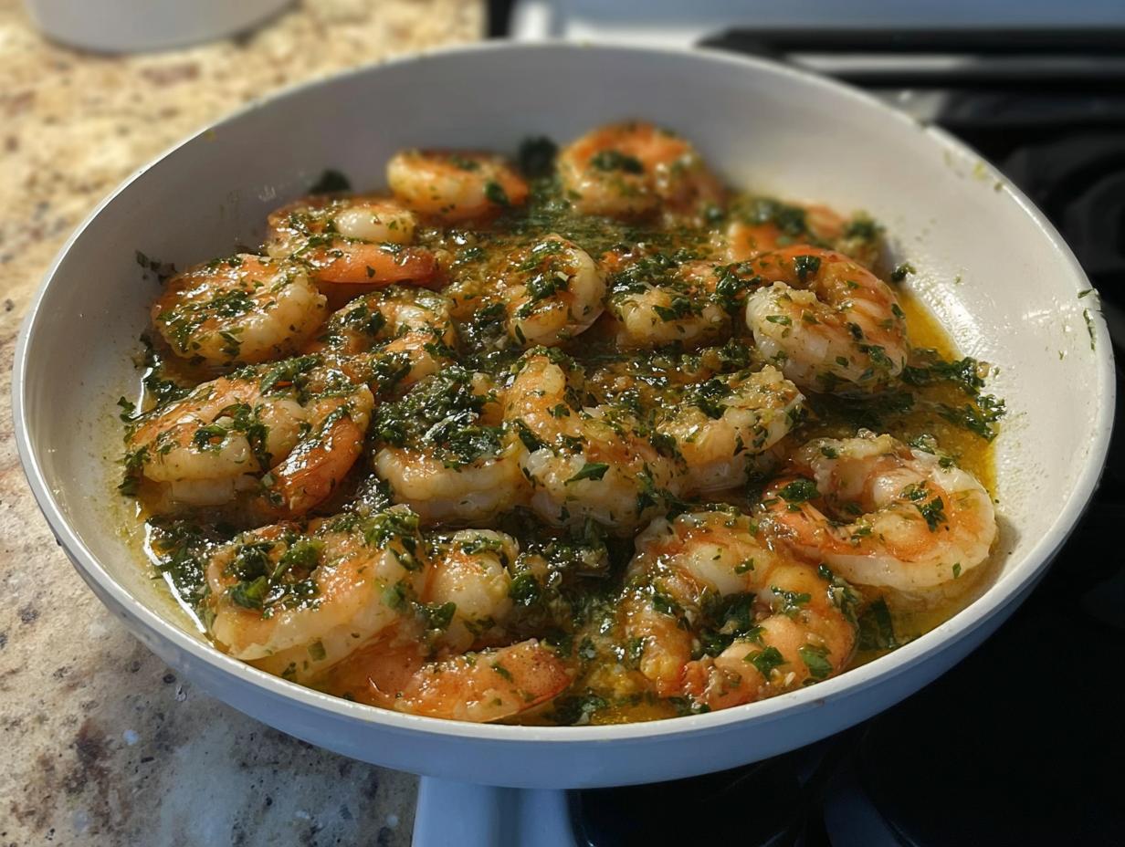 Close-up of restaurant-style shrimp recipes at home, cooked in a garlic herb butter sauce in a white pan.