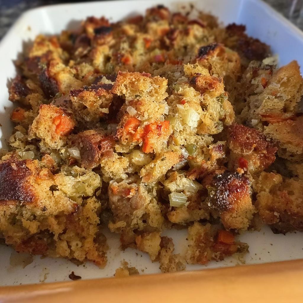 Close-up of a baking dish filled with delicious restaurant-style stuffing, featuring bread cubes, carrots, and celery.