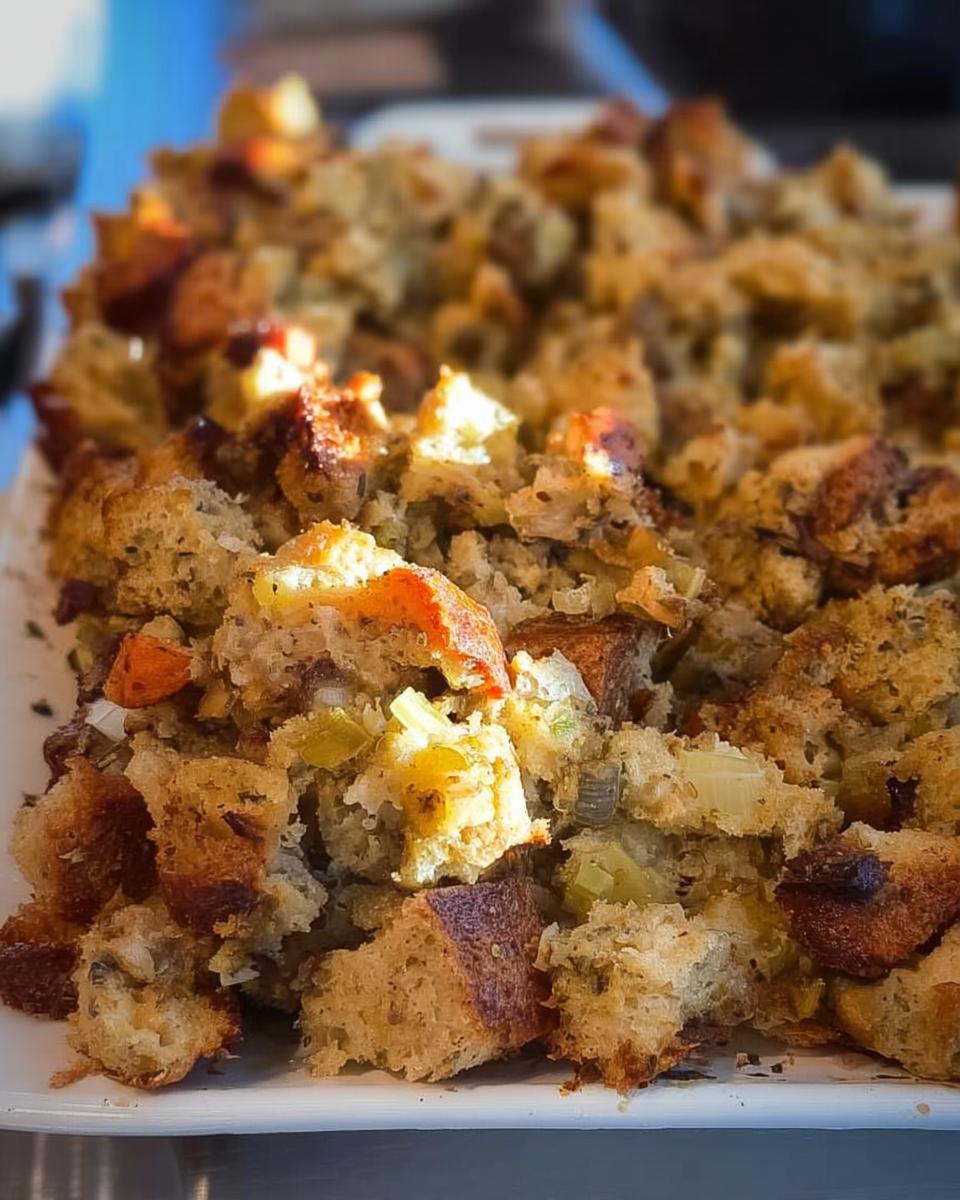 Close-up of delicious restaurant-style stuffing with toasted bread cubes and visible vegetables.