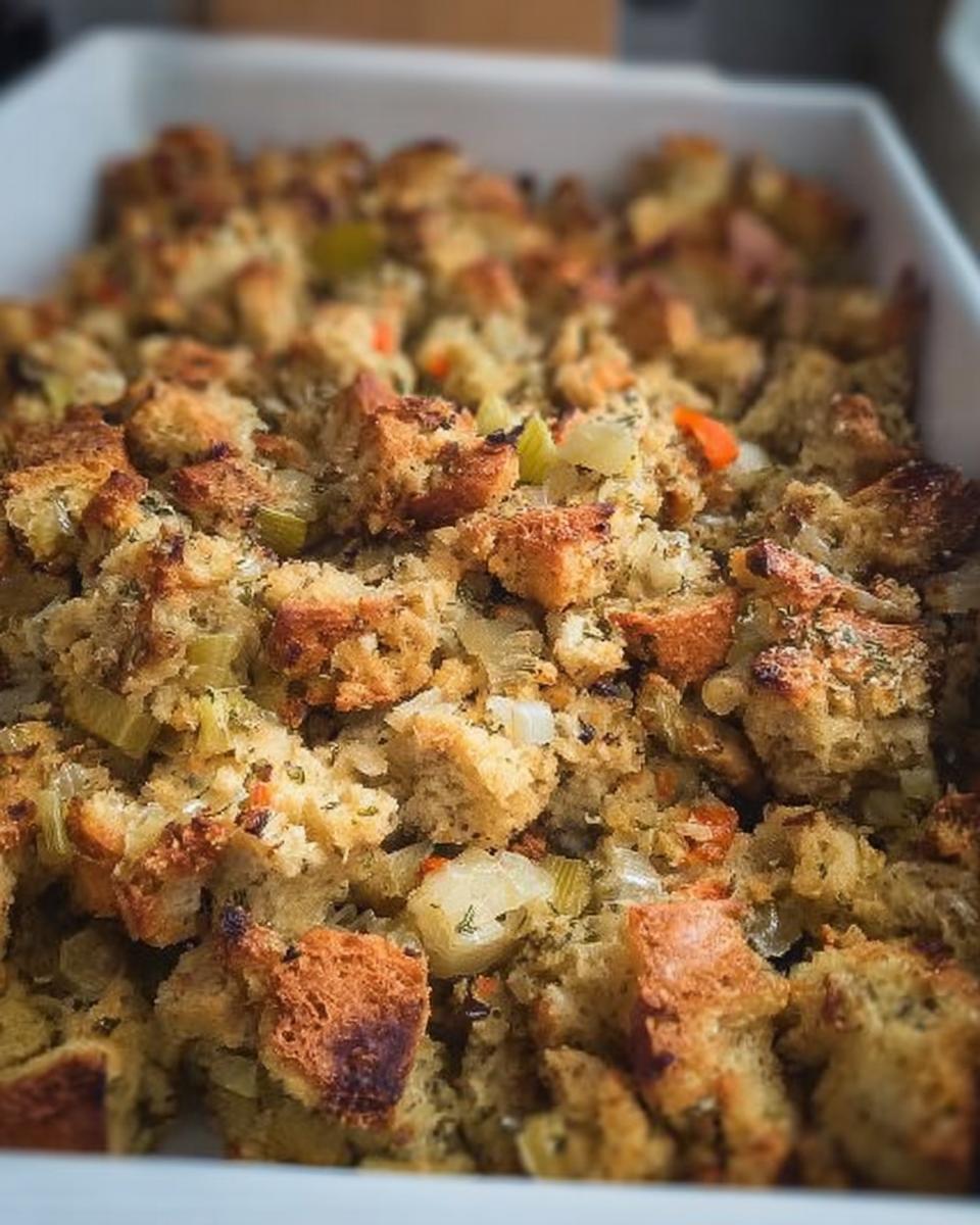 Close-up of a baking dish filled with delicious restaurant-style stuffing, featuring bread cubes, celery, and herbs.