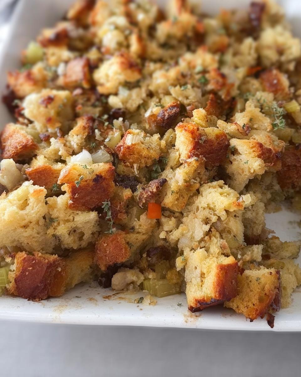 Close-up of delicious restaurant-style stuffing made with bread cubes, celery, and herbs.