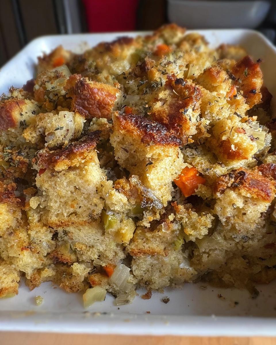 Close-up of a white baking dish filled with golden brown, fluffy restaurant-style stuffing, featuring chunks of bread, celery, and carrots.