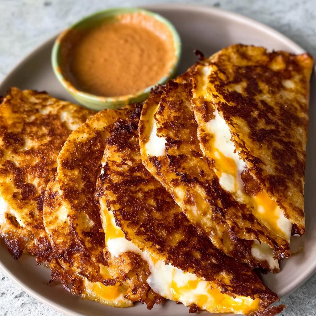 Golden-brown, crispy cheese quesadillas served with a side of dipping sauce, perfect for Taco Tuesday recipes at home.