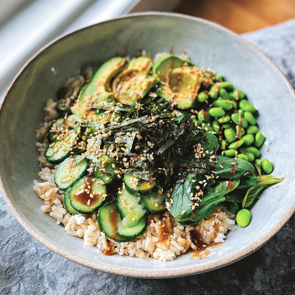A vibrant rice bowl featuring brown rice, sliced avocado, cucumber, edamame, spinach, and nori, drizzled with sauce and sprinkled with sesame seeds.