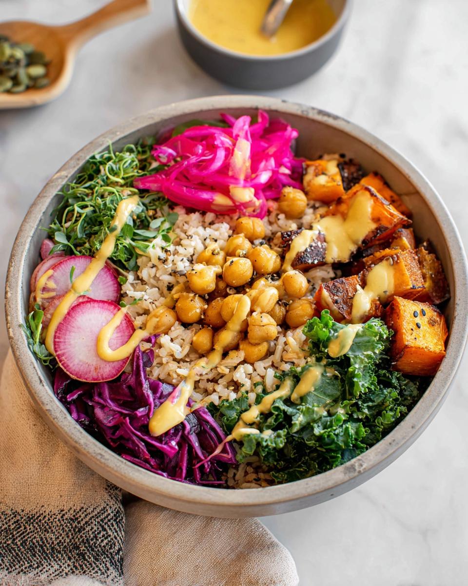 A vibrant and healthy rice bowl recipe featuring brown rice, chickpeas, roasted sweet potato, kale, and pickled vegetables.