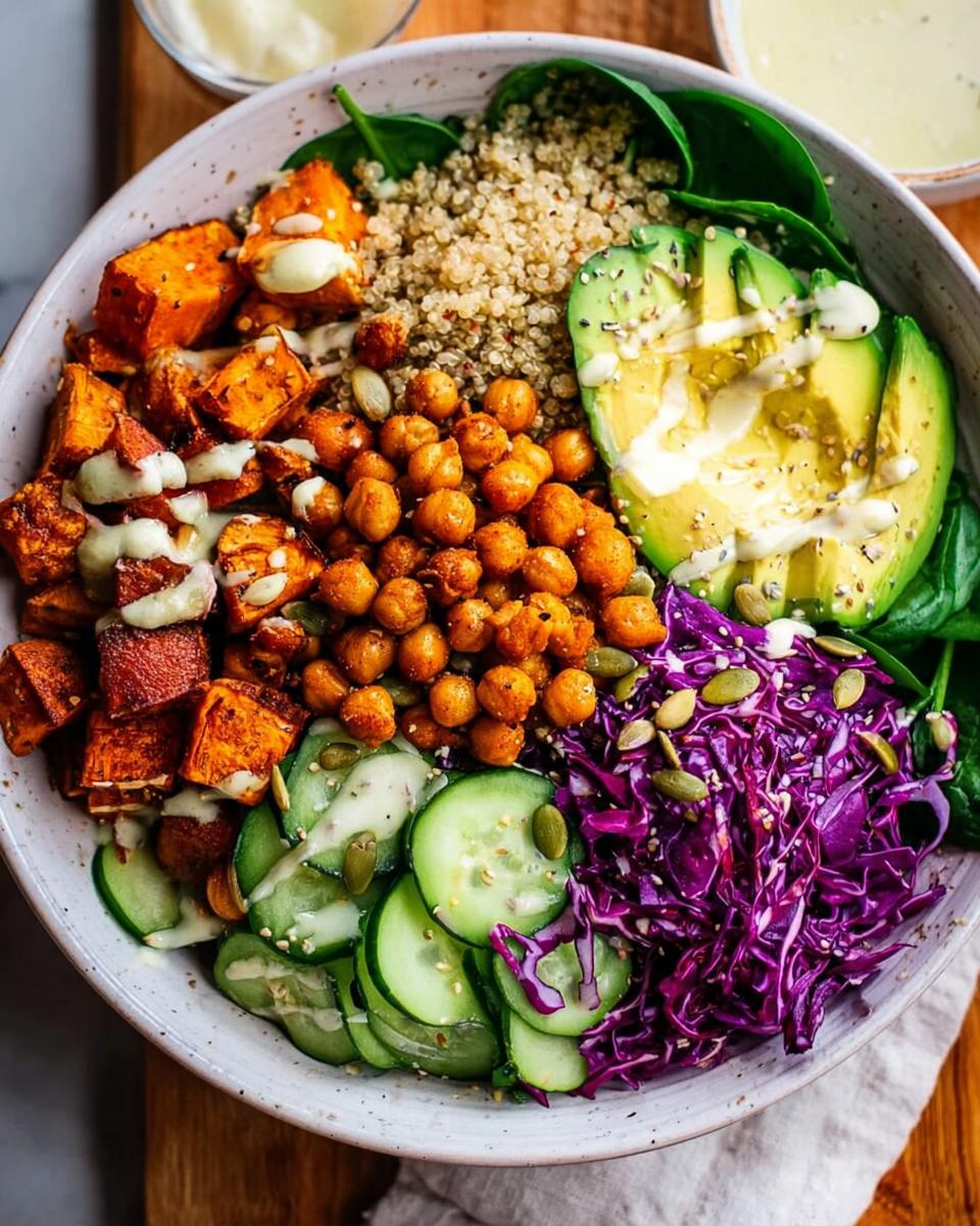 A vibrant and healthy rice bowl recipe featuring roasted sweet potatoes, chickpeas, quinoa, avocado, cucumber, and red cabbage.