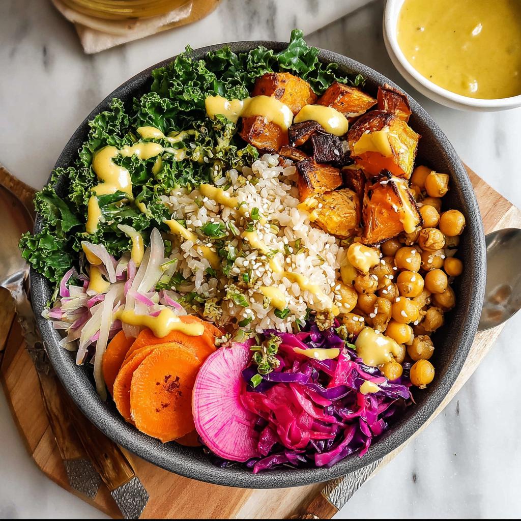 A vibrant and healthy rice bowl recipe featuring brown rice, roasted sweet potatoes, chickpeas, kale, and colorful pickled vegetables.