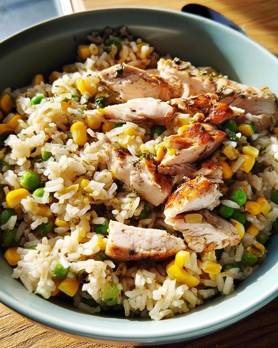 Close-up of a healthy rice bowls recipe with grilled chicken, corn, and peas.