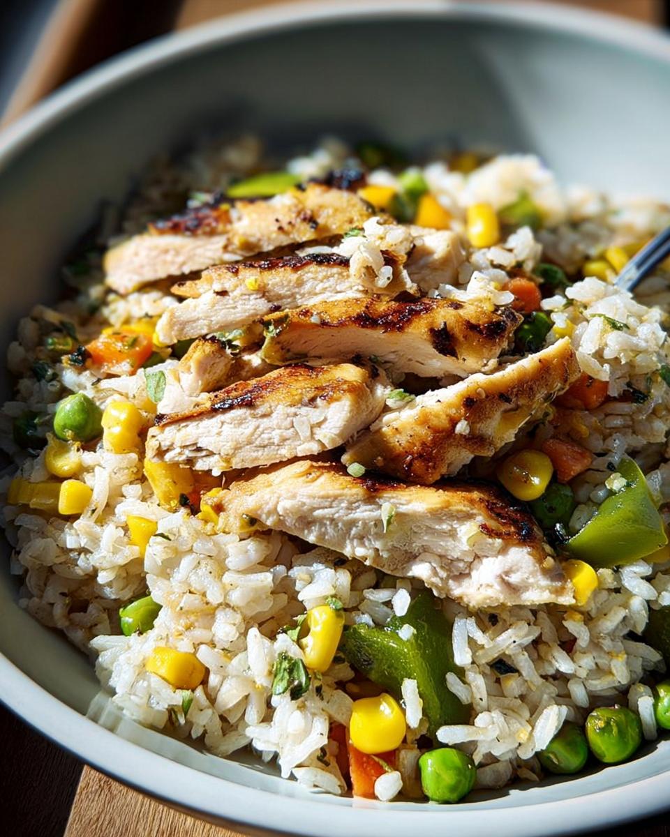 Close-up of a bowl filled with rice bowls recipe, topped with grilled chicken slices and mixed vegetables like corn, peas, and carrots.