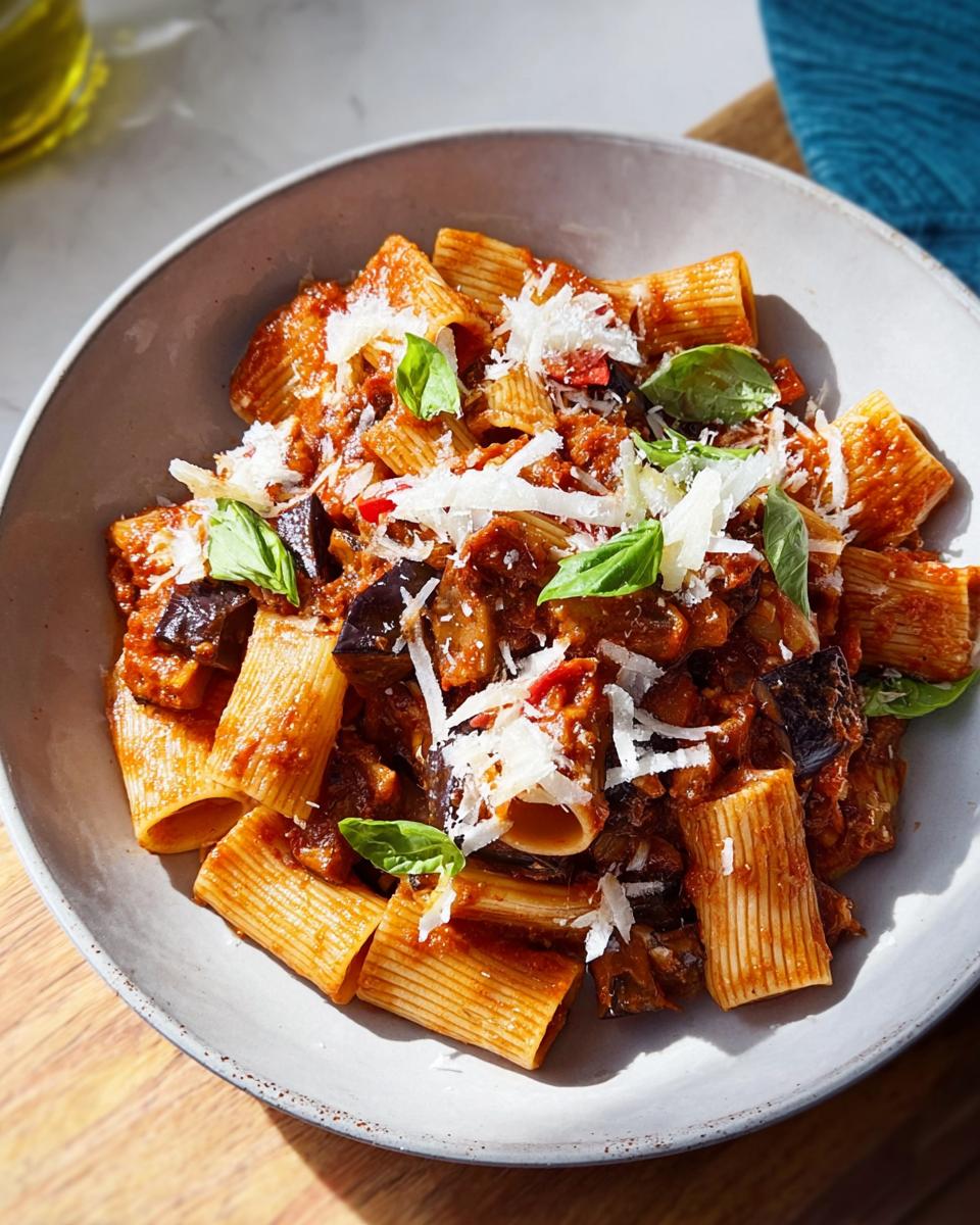 A bowl of rigatoni pasta with a rich eggplant and tomato sauce, topped with grated cheese and fresh basil. A delicious 12-Ingredient Pasta Recipe.