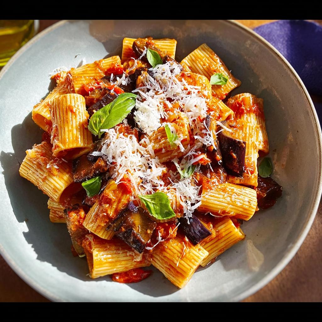 A close-up of rigatoni pasta with eggplant, tomato sauce, fresh basil, and grated cheese, part of 12-Ingredient Pasta Recipes.