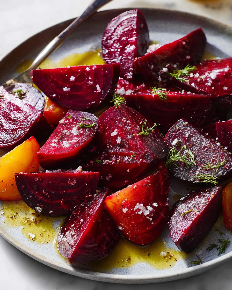 Close-up of roasted beet recipe wedges, seasoned with sea salt and fresh dill, glistening with olive oil.