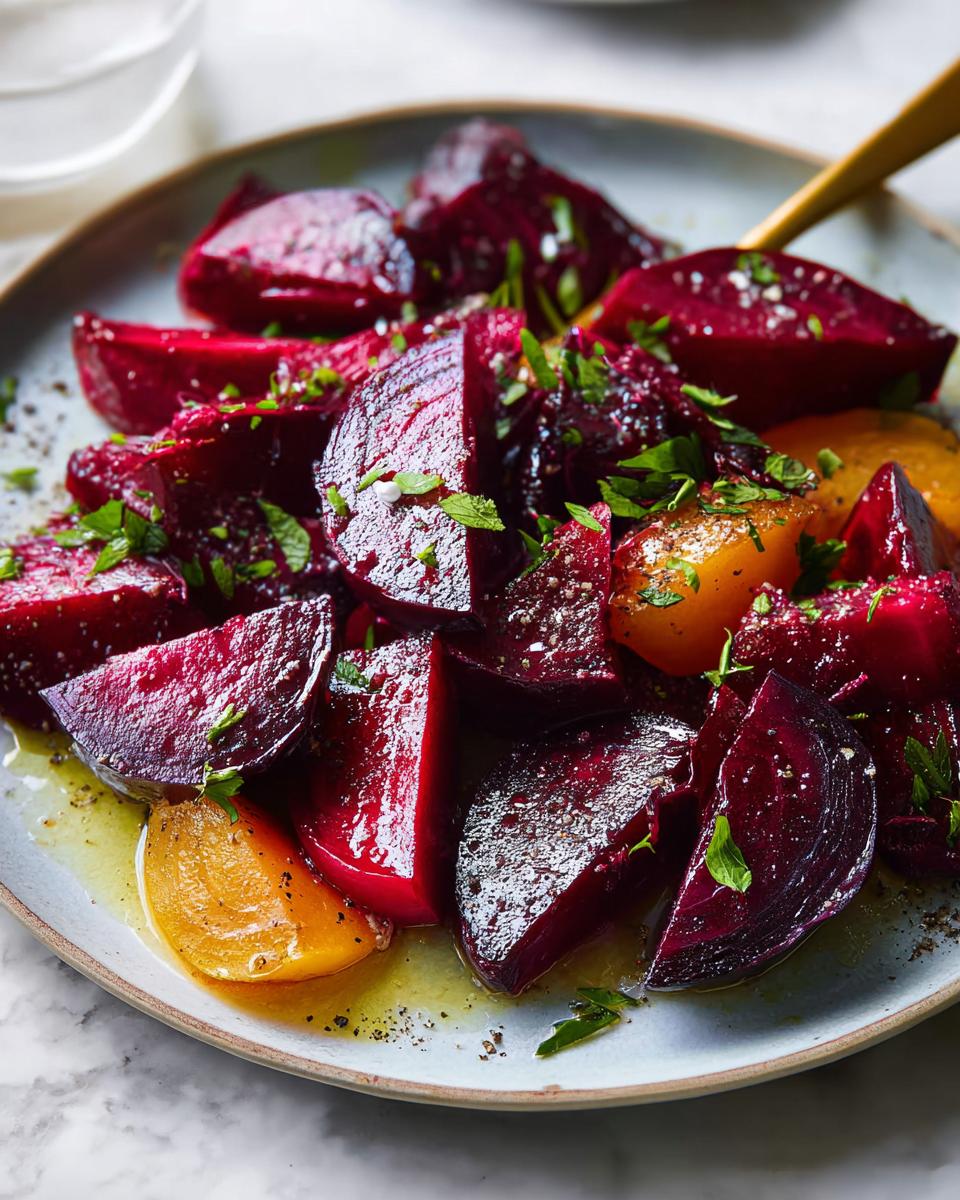 Close-up of a plate of roasted beet recipe, showcasing vibrant red and yellow beet wedges drizzled with olive oil and sprinkled with herbs.