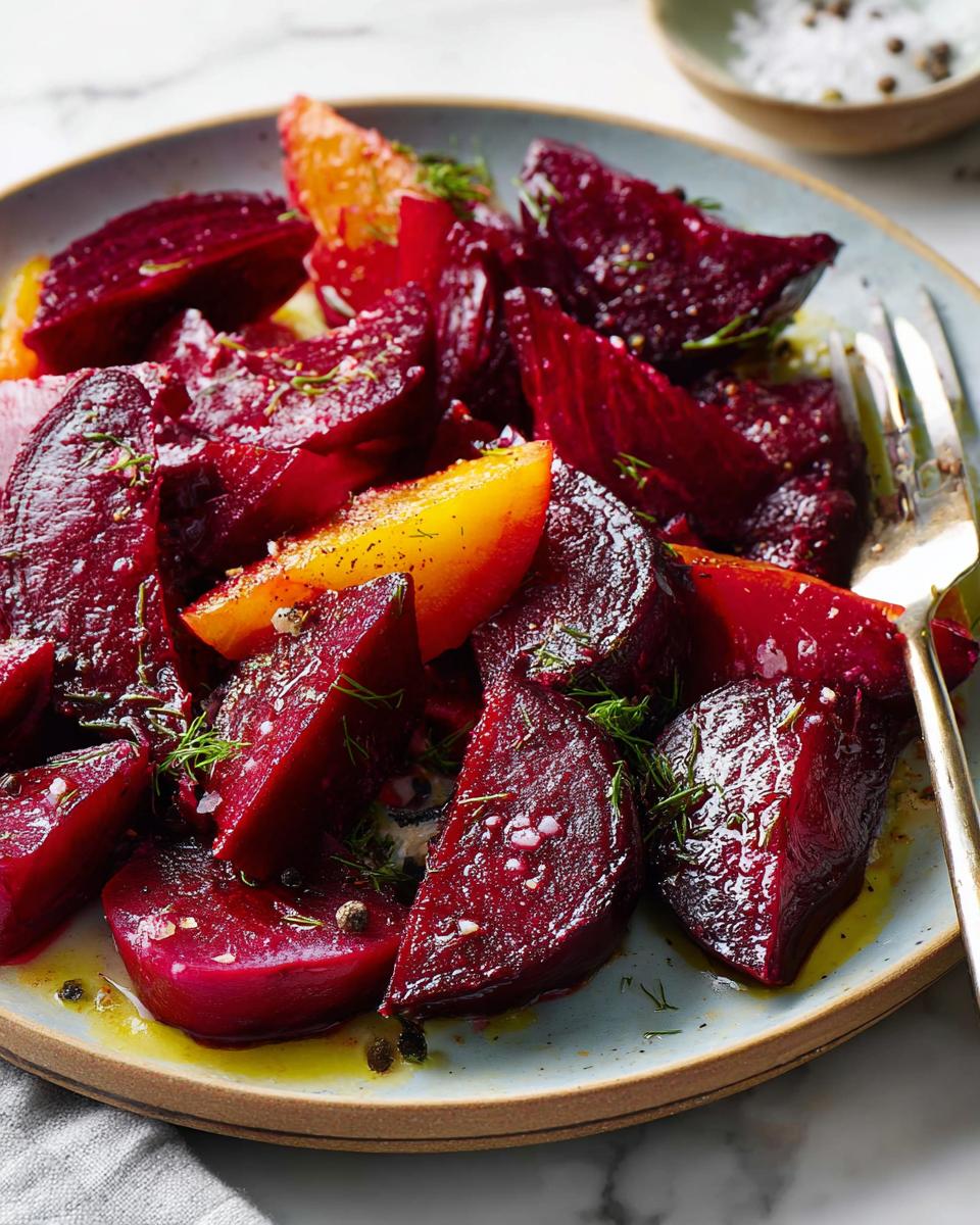 A vibrant plate of roasted beet salad with bright orange segments and fresh dill, seasoned with salt and pepper.