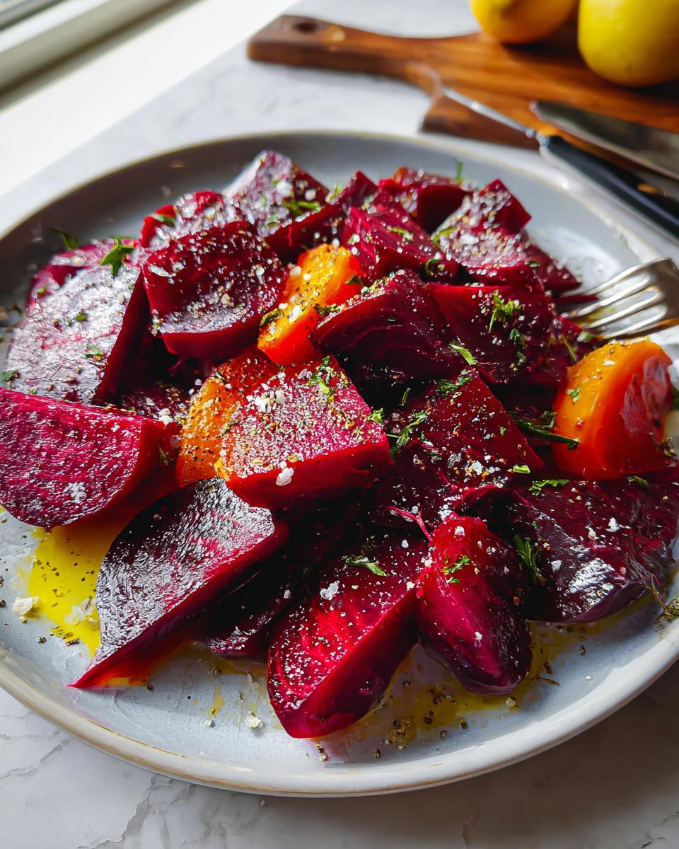 A vibrant plate of roasted beet salad with chunks of beets and orange segments, seasoned with herbs and salt.