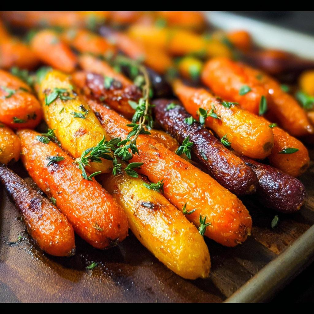 Close-up of roasted baby carrots, some orange and some purple, seasoned with herbs for veggie sides meal prep.