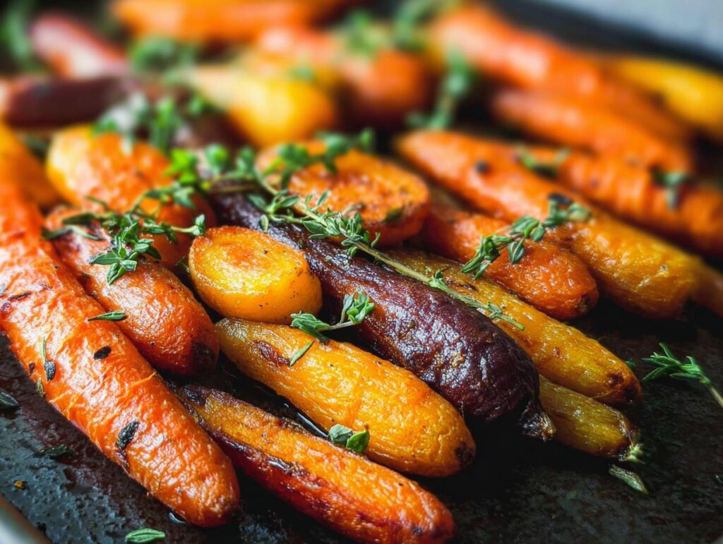 Close-up of roasted rainbow carrots with fresh thyme, a perfect example of veggie sides meal prep.