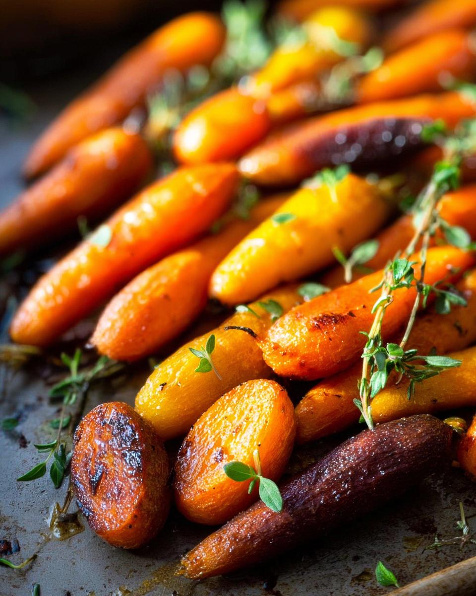 Close-up of roasted rainbow carrots with fresh thyme, showcasing their caramelized glaze. Perfect for veggie sides recipes meal prep.