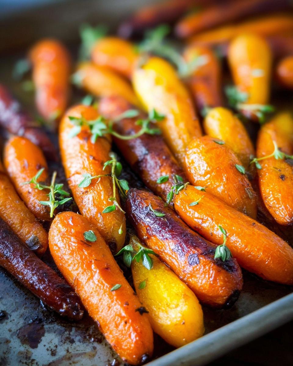 Close-up of roasted rainbow carrots, glazed and garnished with fresh thyme, perfect for veggie sides recipes.