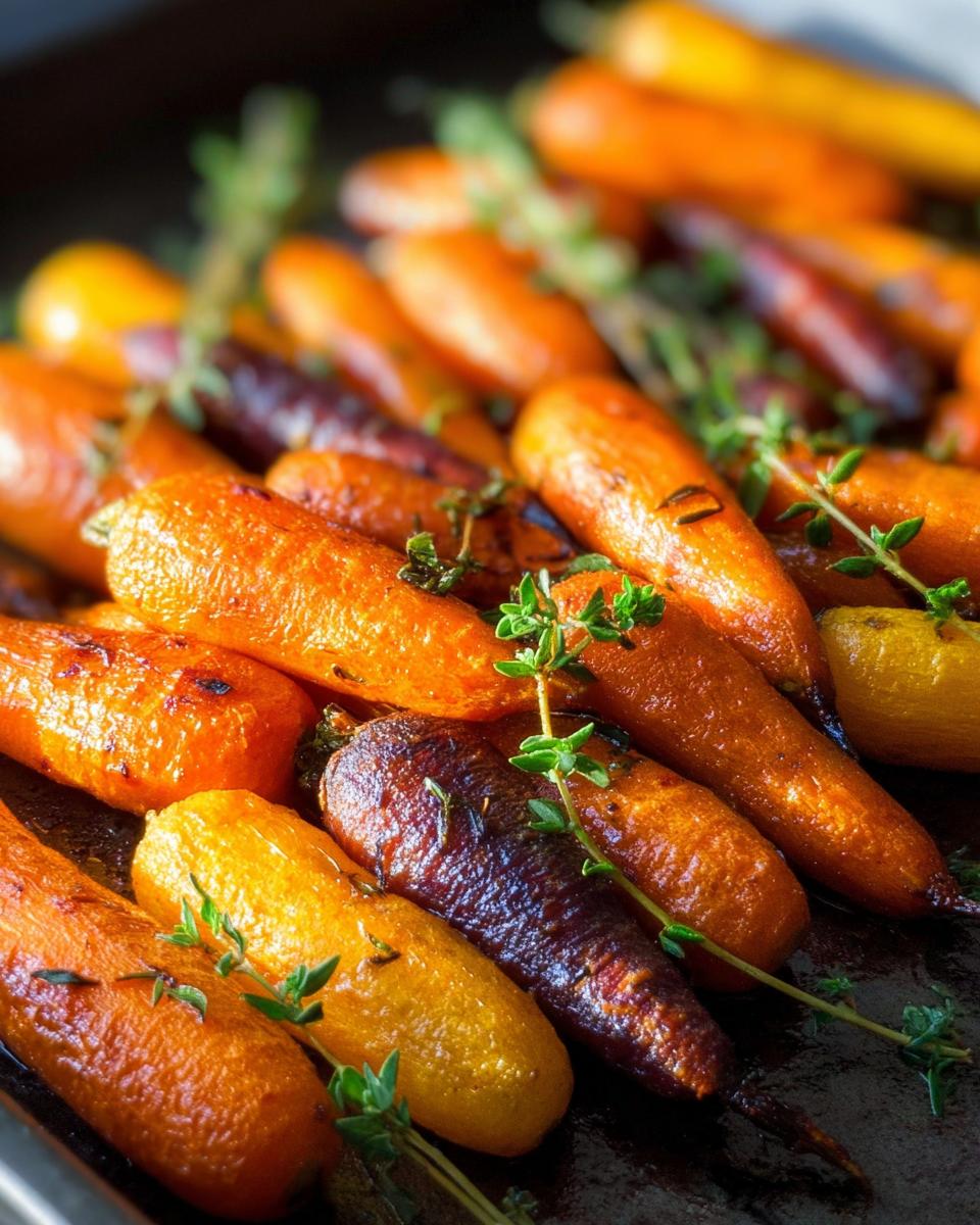 Close-up of colorful roasted carrots with fresh thyme, a perfect addition to veggie sides recipes for meal prep.