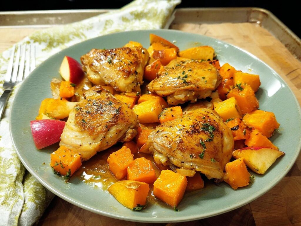 A plate of roasted chicken thighs served with cubed butternut squash and apple wedges, seasoned with herbs.