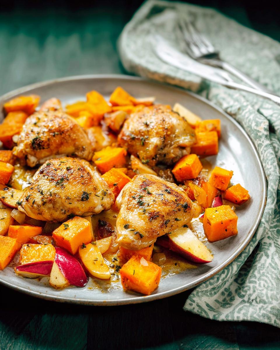 Close-up of juicy roasted chicken thighs served with cubes of butternut squash and apple slices.