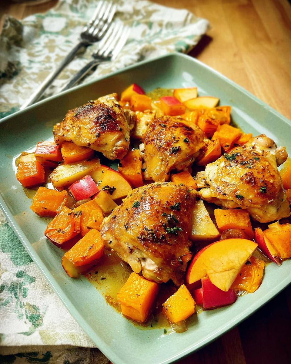 Four golden-brown roasted chicken thighs served with cubes of butternut squash and apple slices on a light green platter.