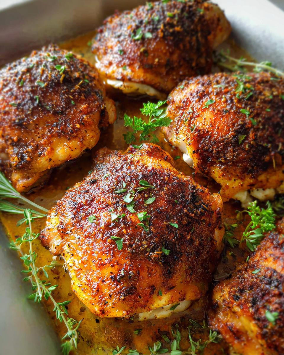 Close-up of perfectly roasted chicken thighs with crispy skin, seasoned and garnished with fresh herbs.