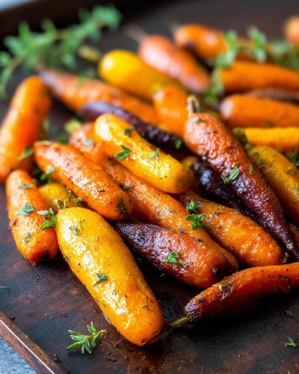 Close-up of roasted rainbow carrots, glistening and seasoned with herbs, perfect for veggie sides meal prep.