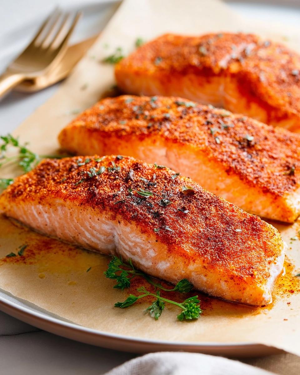 Three seasoned salmon fillets are arranged on a baking sheet, ready to be served as part of The Ultimate Salmon Recipes Guide for Beginners.