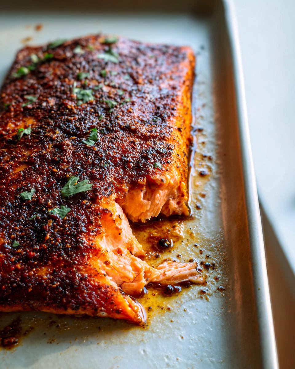 Close-up of a perfectly cooked salmon fillet with a seasoned crust, ready to serve from a baking sheet.