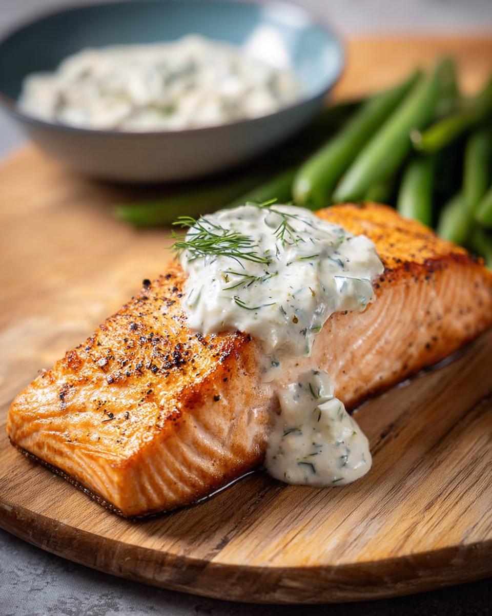 A perfectly cooked salmon fillet topped with creamy dill sauce and fresh dill, served with green beans.