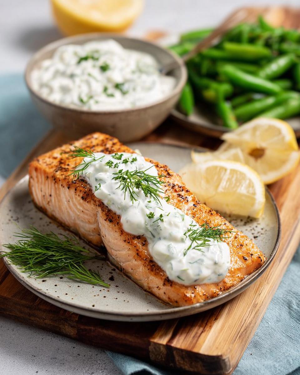 A perfectly cooked salmon fillet topped with creamy dill sauce and fresh dill, served with lemon wedges and snap peas.
