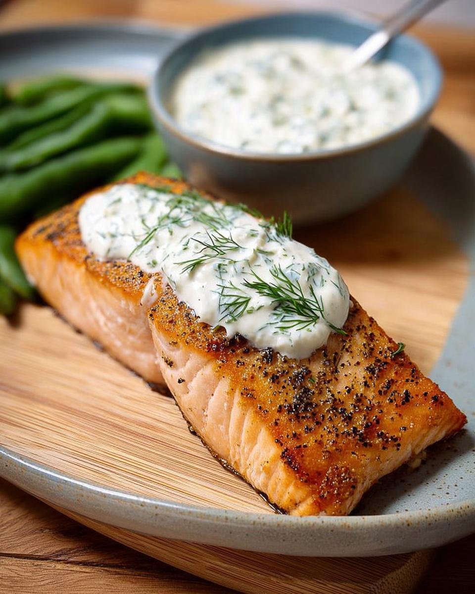 A perfectly cooked salmon fillet topped with creamy dill sauce and fresh dill, served with green beans.
