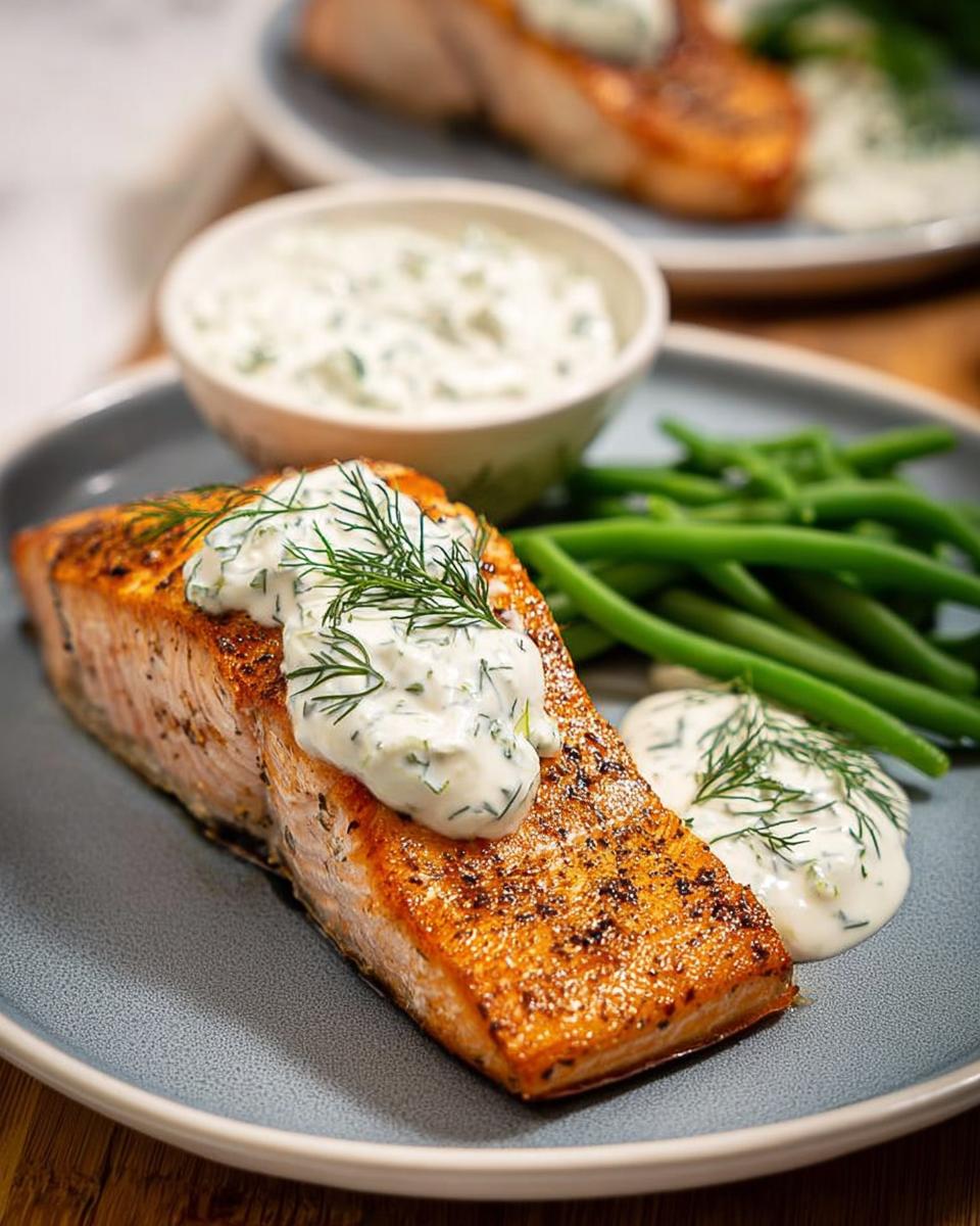 A perfectly cooked salmon fillet topped with creamy dill sauce and fresh dill, served with green beans.