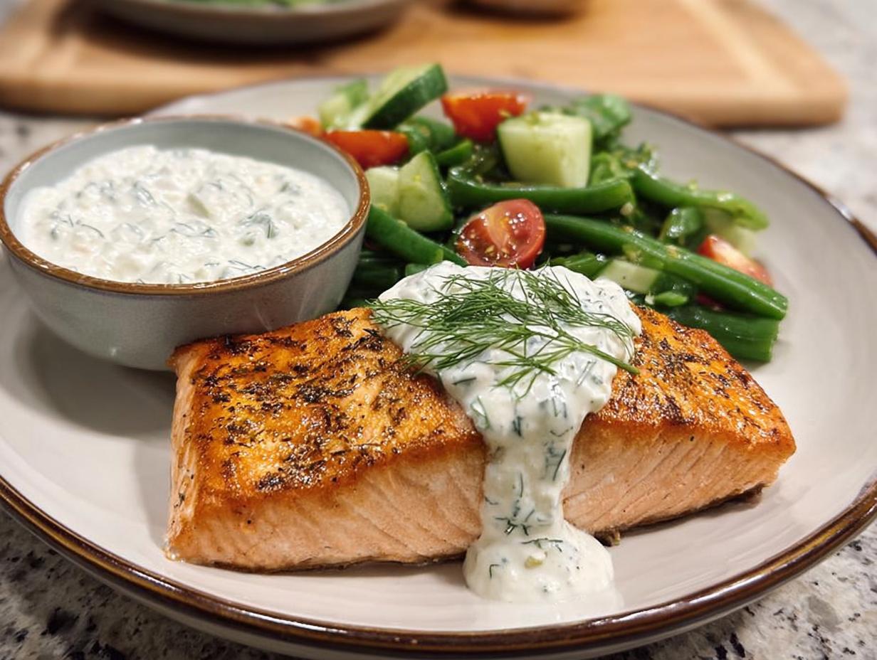 A perfectly cooked salmon fillet topped with creamy dill sauce and fresh dill, served with a side of green bean and tomato salad.